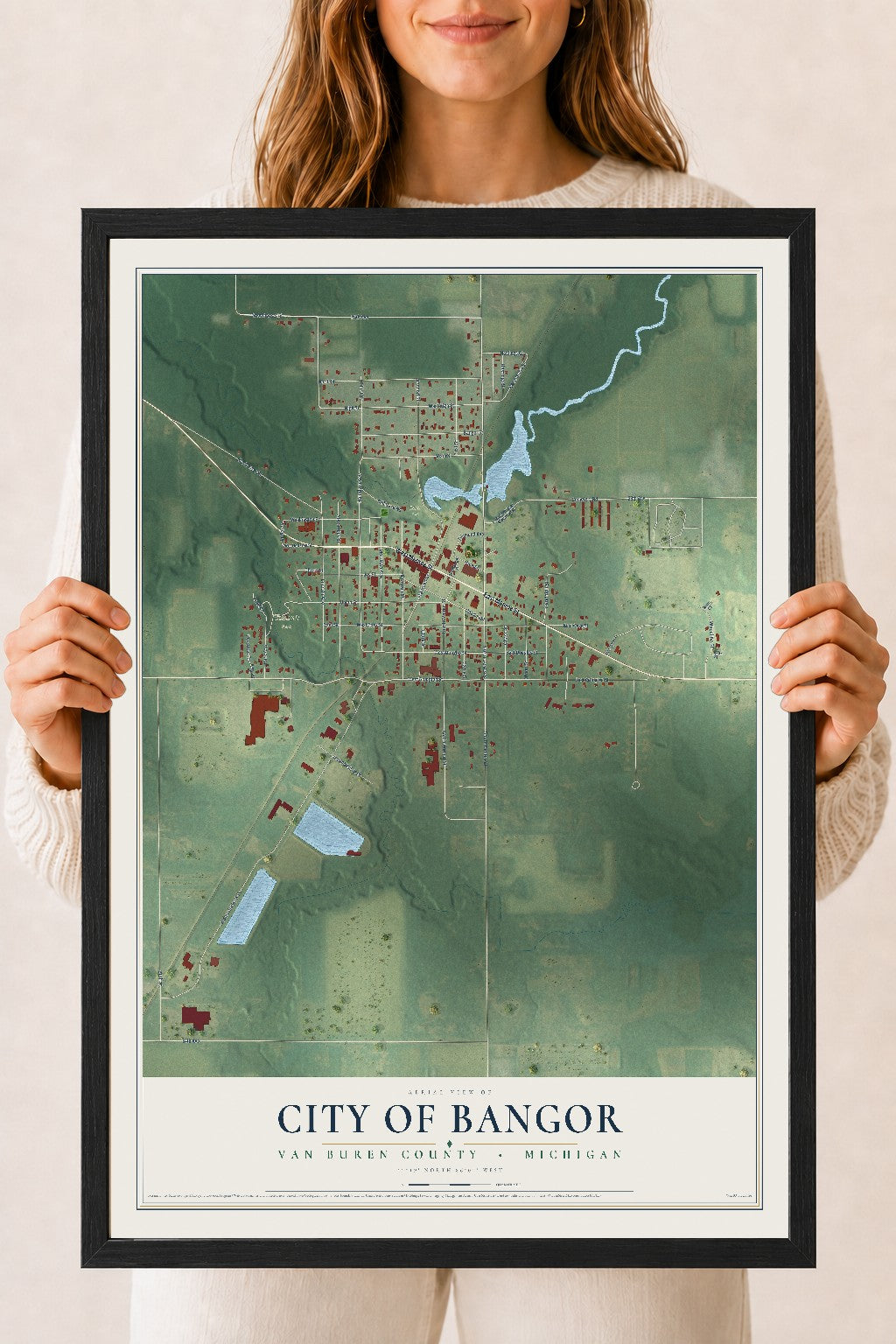 Map of Bangor, Michigan, 18 x 24 inch print in a black wood frame