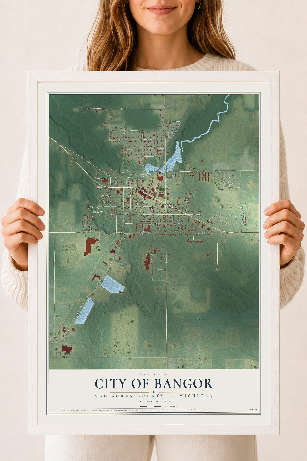 Map of Bangor, Michigan, 18 x 24 inch print in a white wood frame