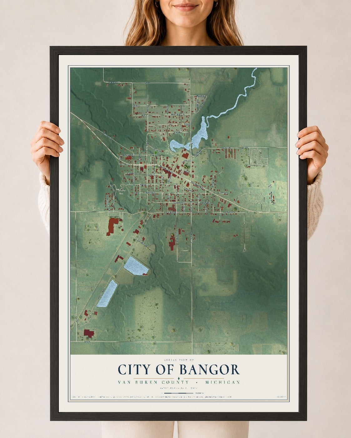 Map of Bangor, Michigan, 24 x 36 inch print in a black wood frame