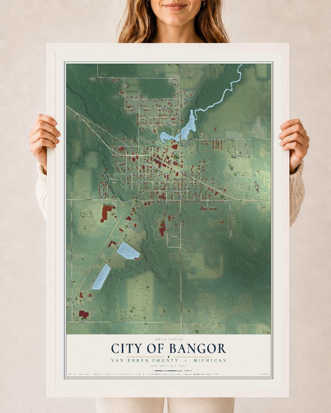 Map of Bangor, Michigan, 24 x 36 inch print in a white wood frame
