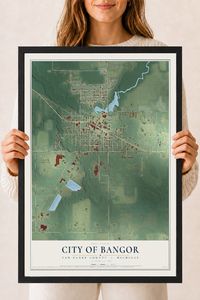 Map of Bangor, Michigan, 18 x 24 inch print in a black wood frame