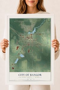 Map of Bangor, Michigan, 18 x 24 inch print in a white wood frame