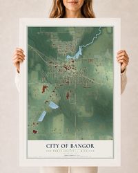 Map of Bangor, Michigan, 24 x 36 inch print in a white wood frame