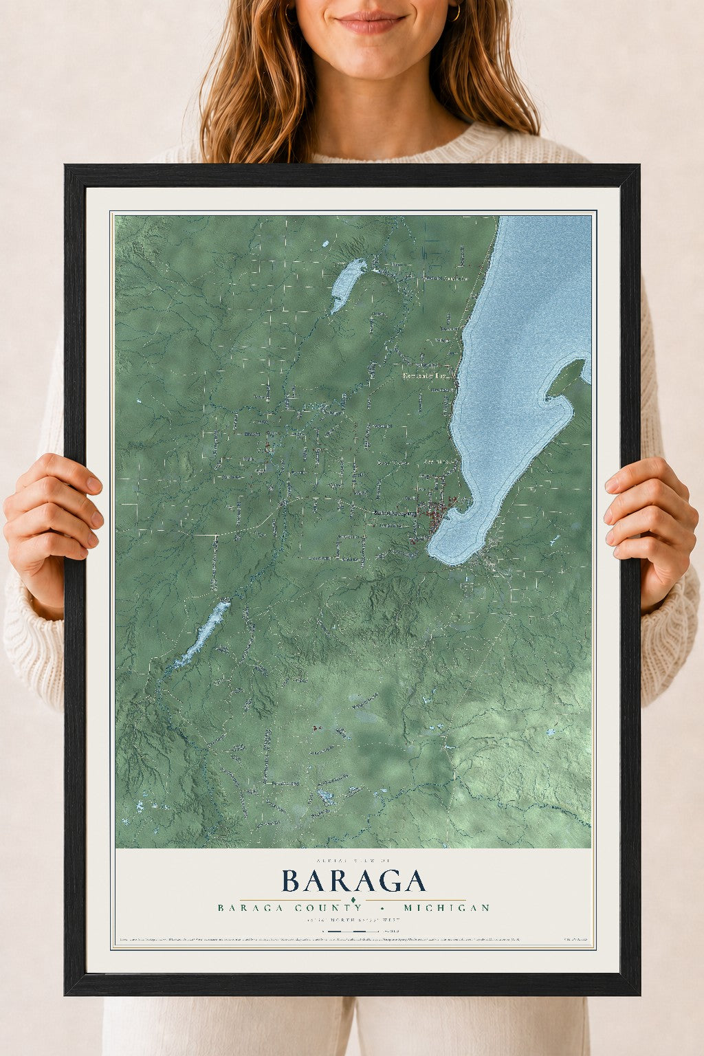 Map of Baraga, Baraga County, Michigan, 18 x 24 inch print in a black wood frame