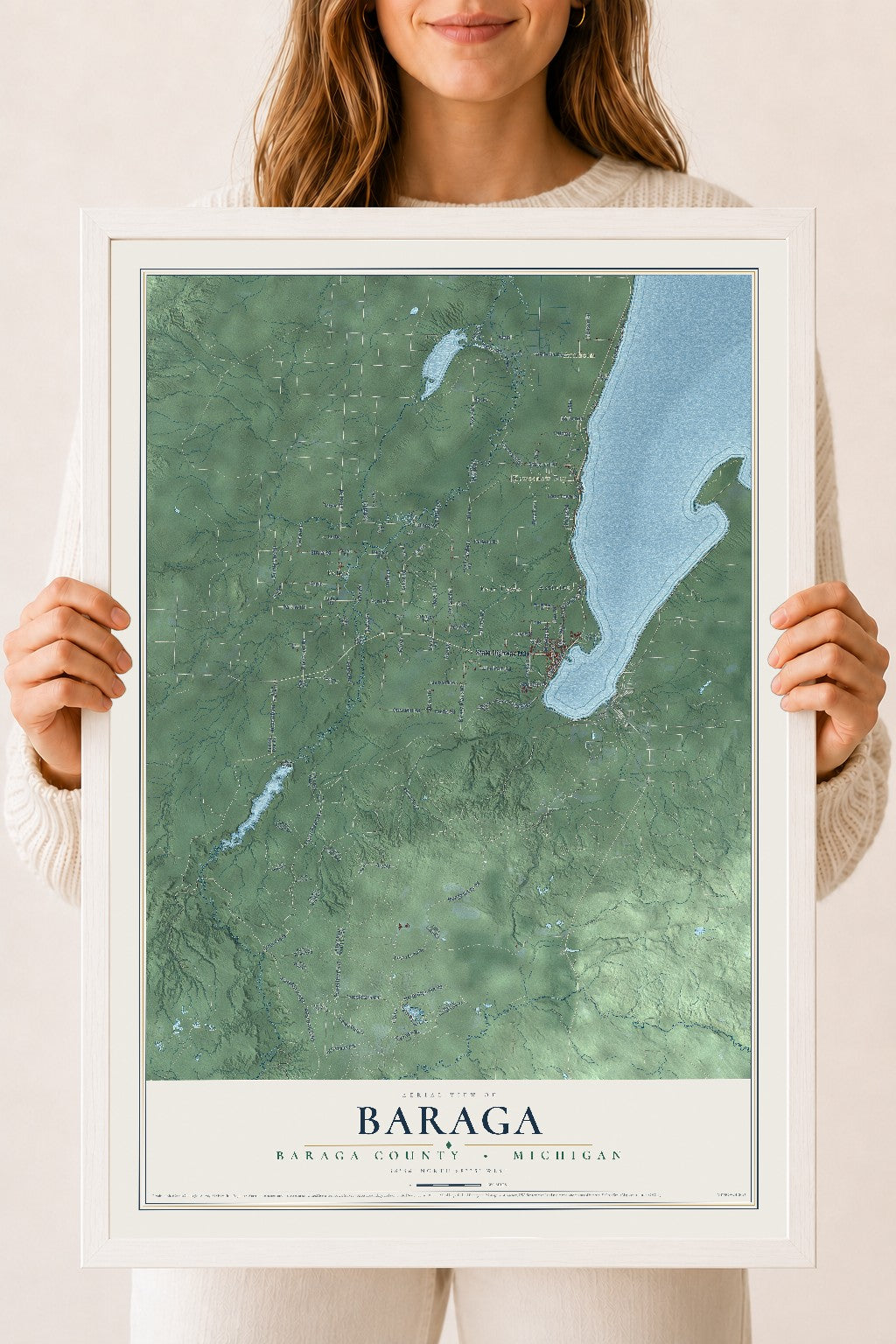 Map of Baraga, Baraga County, Michigan, 18 x 24 inch print in a white wood frame