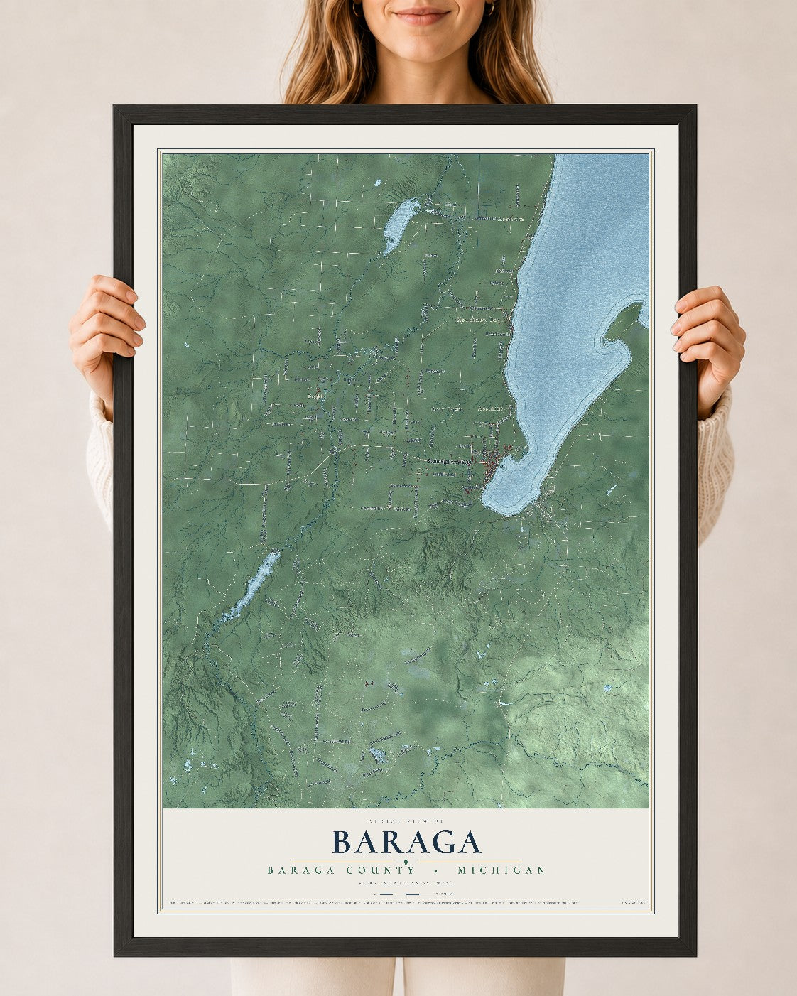 Map of Baraga, Baraga County, Michigan, 24 x 36 inch print in a black wood frame