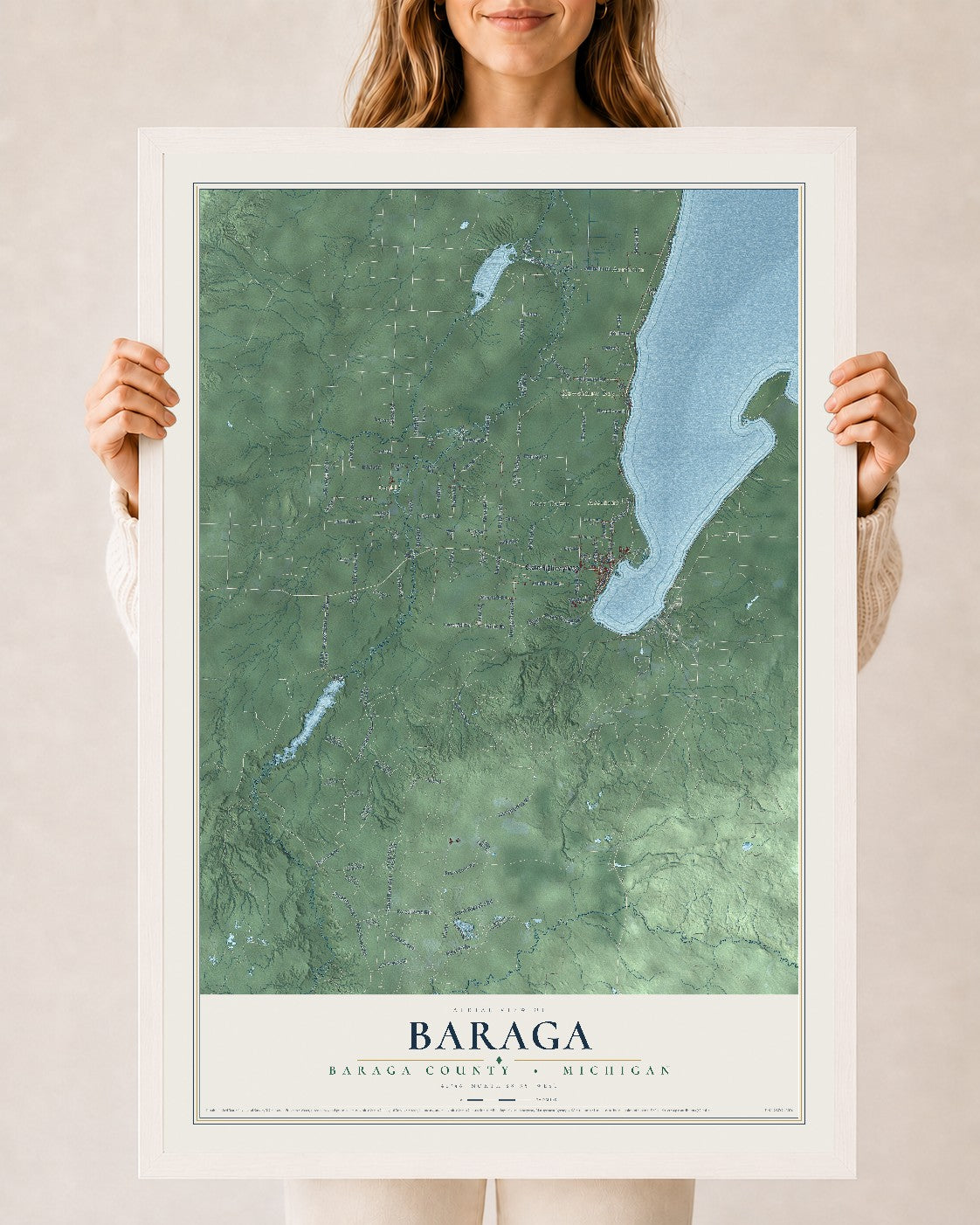 Map of Baraga, Baraga County, Michigan, 24 x 36 inch print in a white wood frame