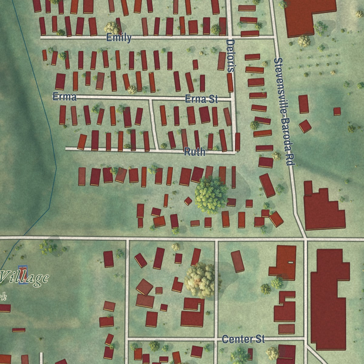 Close-up of the map of Baroda, Michigan print showing street and building detail