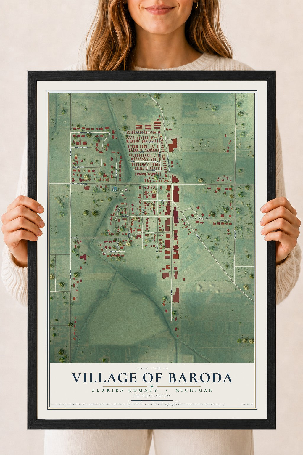 Map of Baroda, Michigan, 18 x 24 inch print in a black wood frame