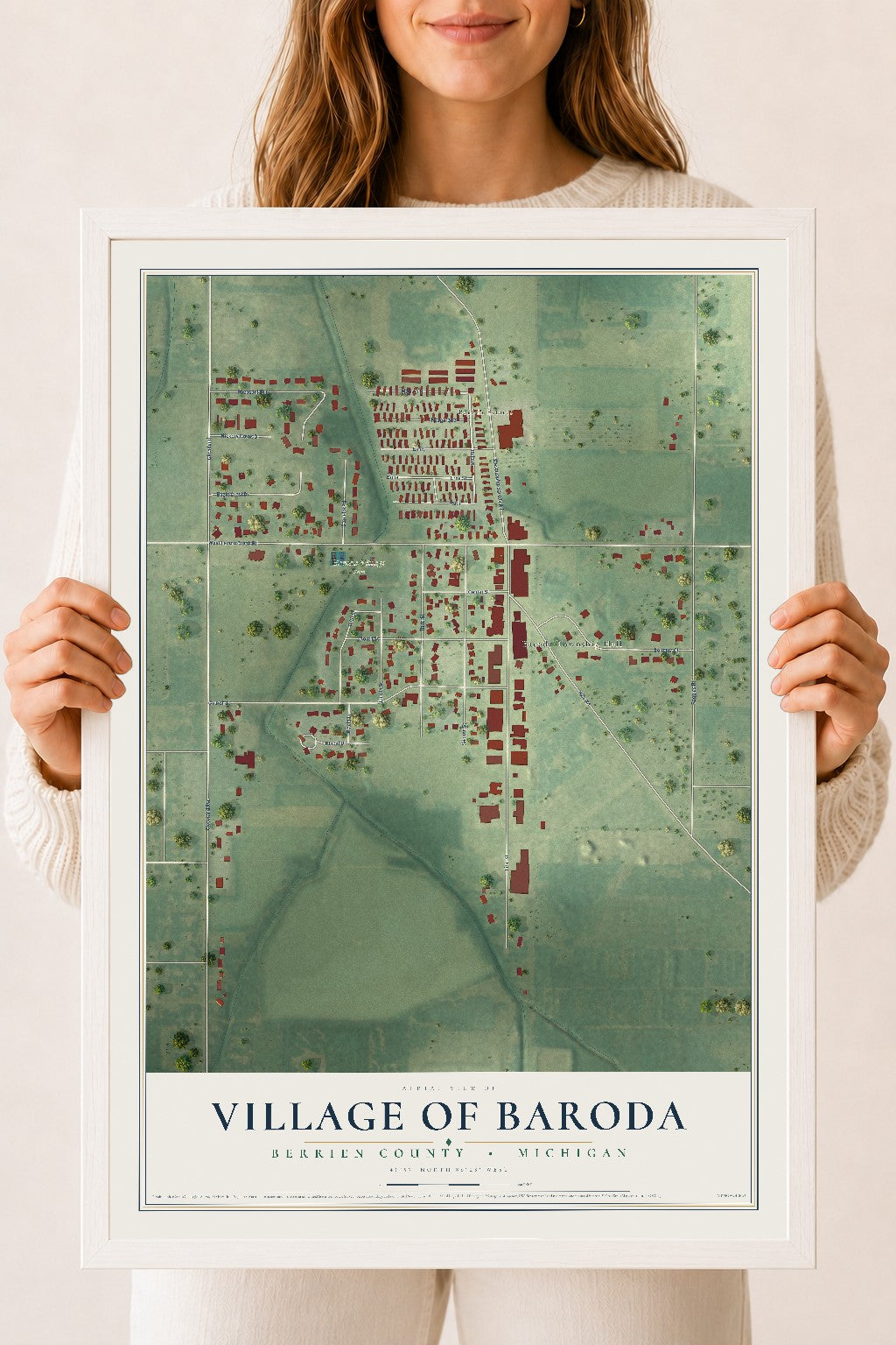 Map of Baroda, Michigan, 18 x 24 inch print in a white wood frame