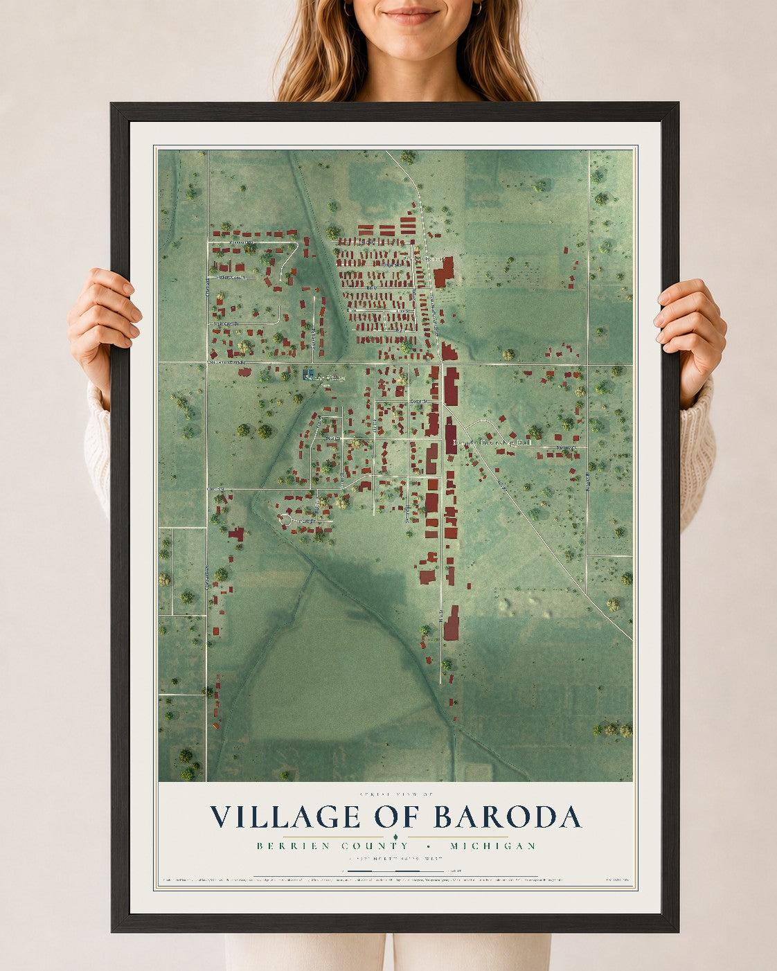 Map of Baroda, Michigan, 24 x 36 inch print in a black wood frame