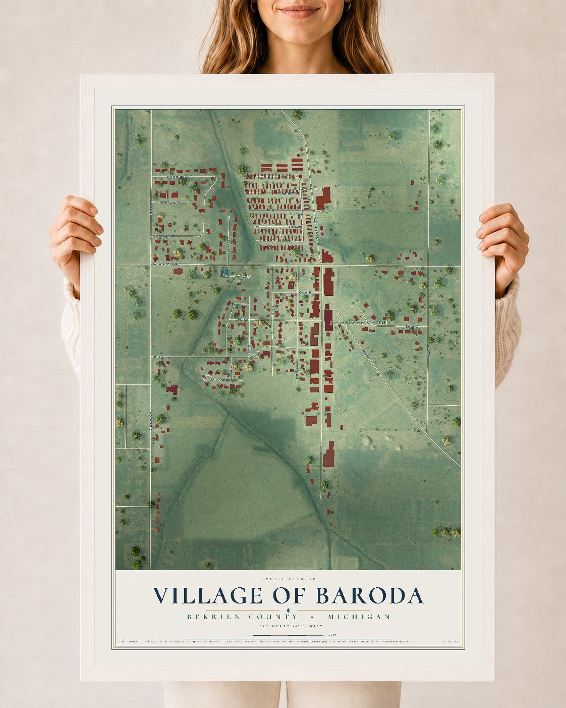Map of Baroda, Michigan, 24 x 36 inch print in a white wood frame