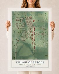 Map of Baroda, Michigan, 24 x 36 inch print in a white wood frame