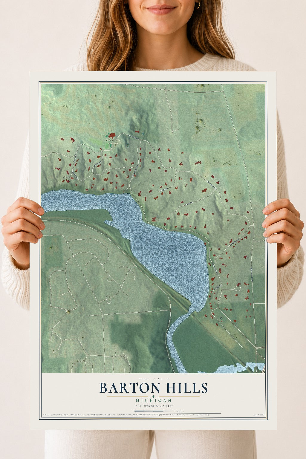 Map of Barton Hills, Michigan, 18 x 24 inch unframed archival matte print