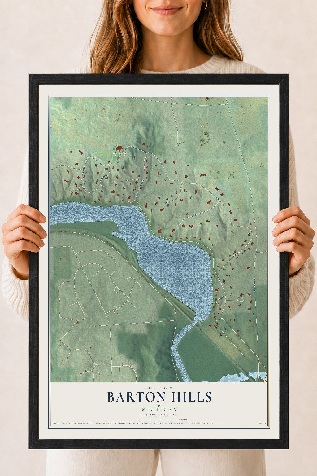 Map of Barton Hills, Michigan, 18 x 24 inch print in a black wood frame