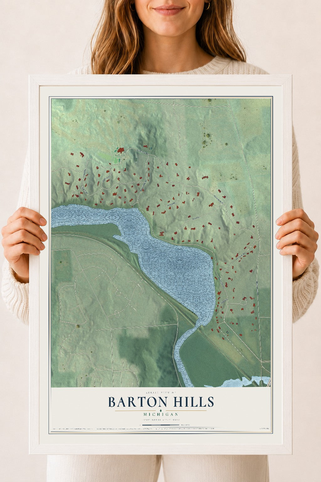 Map of Barton Hills, Michigan, 18 x 24 inch print in a white wood frame