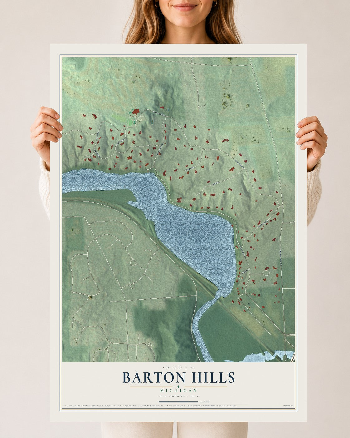 Map of Barton Hills, Michigan, 24 x 36 inch unframed archival matte print