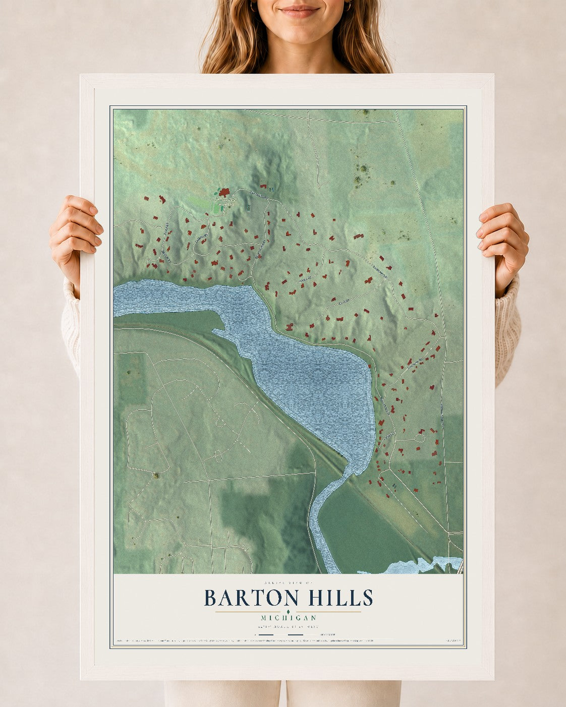 Map of Barton Hills, Michigan, 24 x 36 inch print in a white wood frame