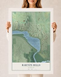 Map of Barton Hills, Michigan, 24 x 36 inch print in a white wood frame
