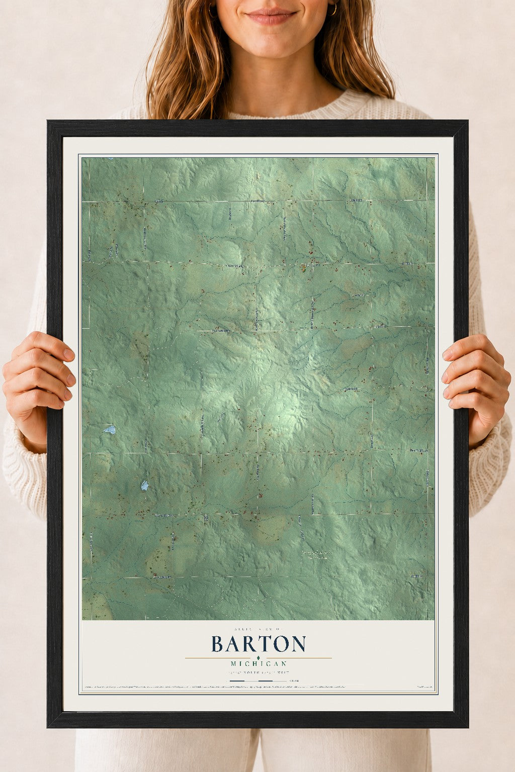 Map of Barton, Michigan, 18 x 24 inch print in a black wood frame