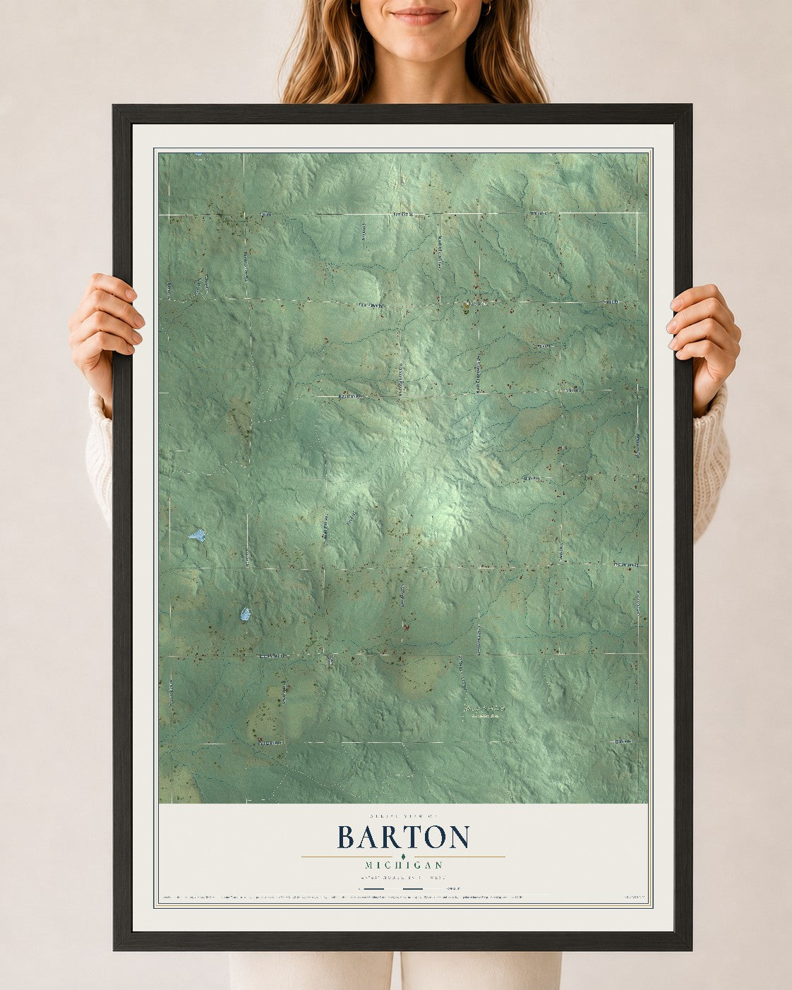 Map of Barton, Michigan, 24 x 36 inch print in a black wood frame