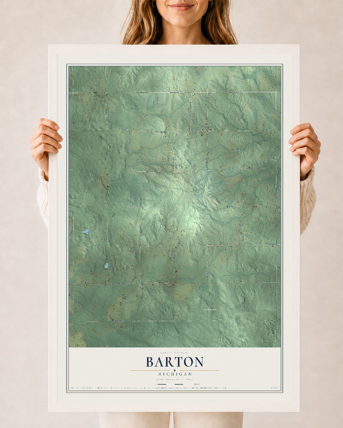 Map of Barton, Michigan, 24 x 36 inch print in a white wood frame