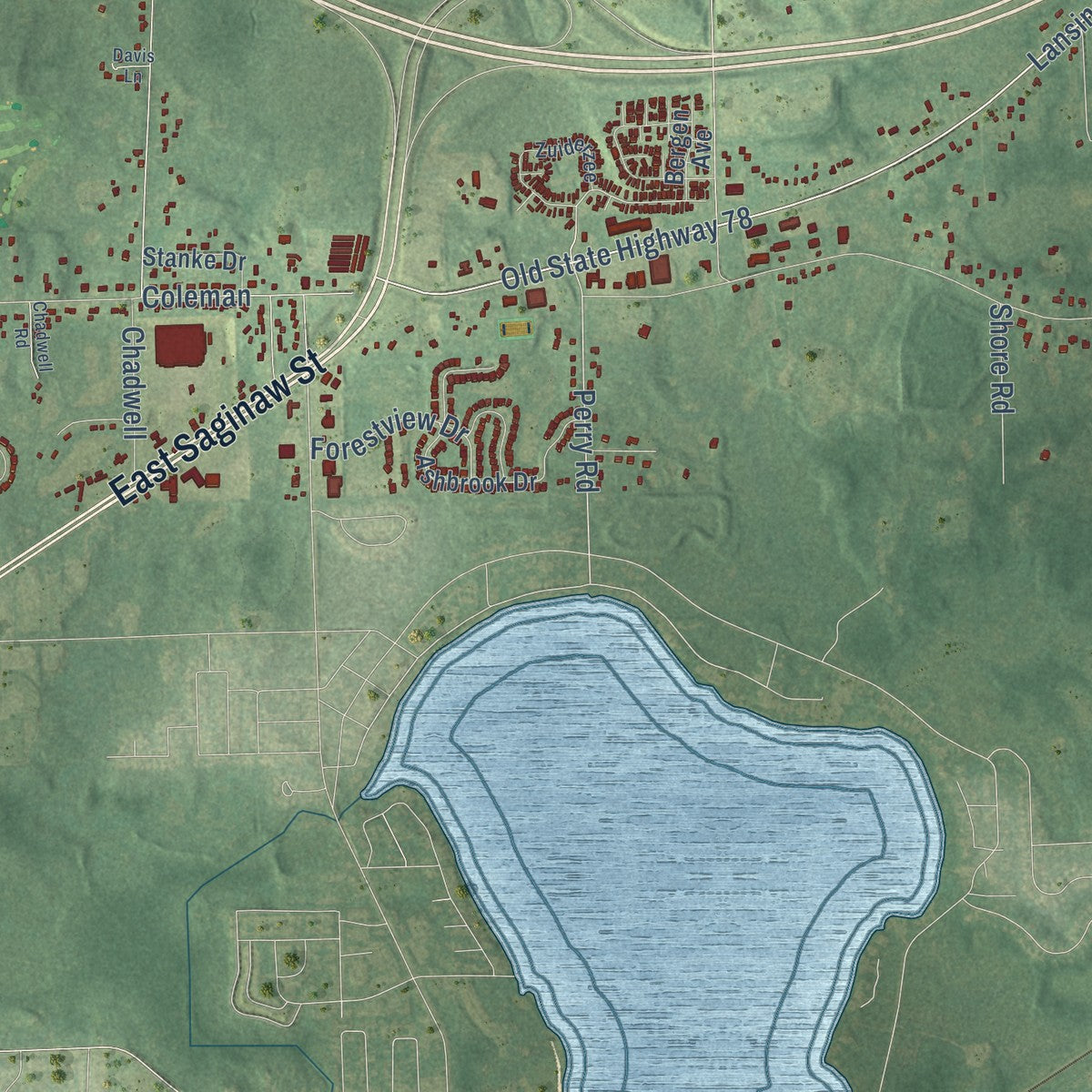 Close-up of the map of Bath, Michigan print showing street and building detail