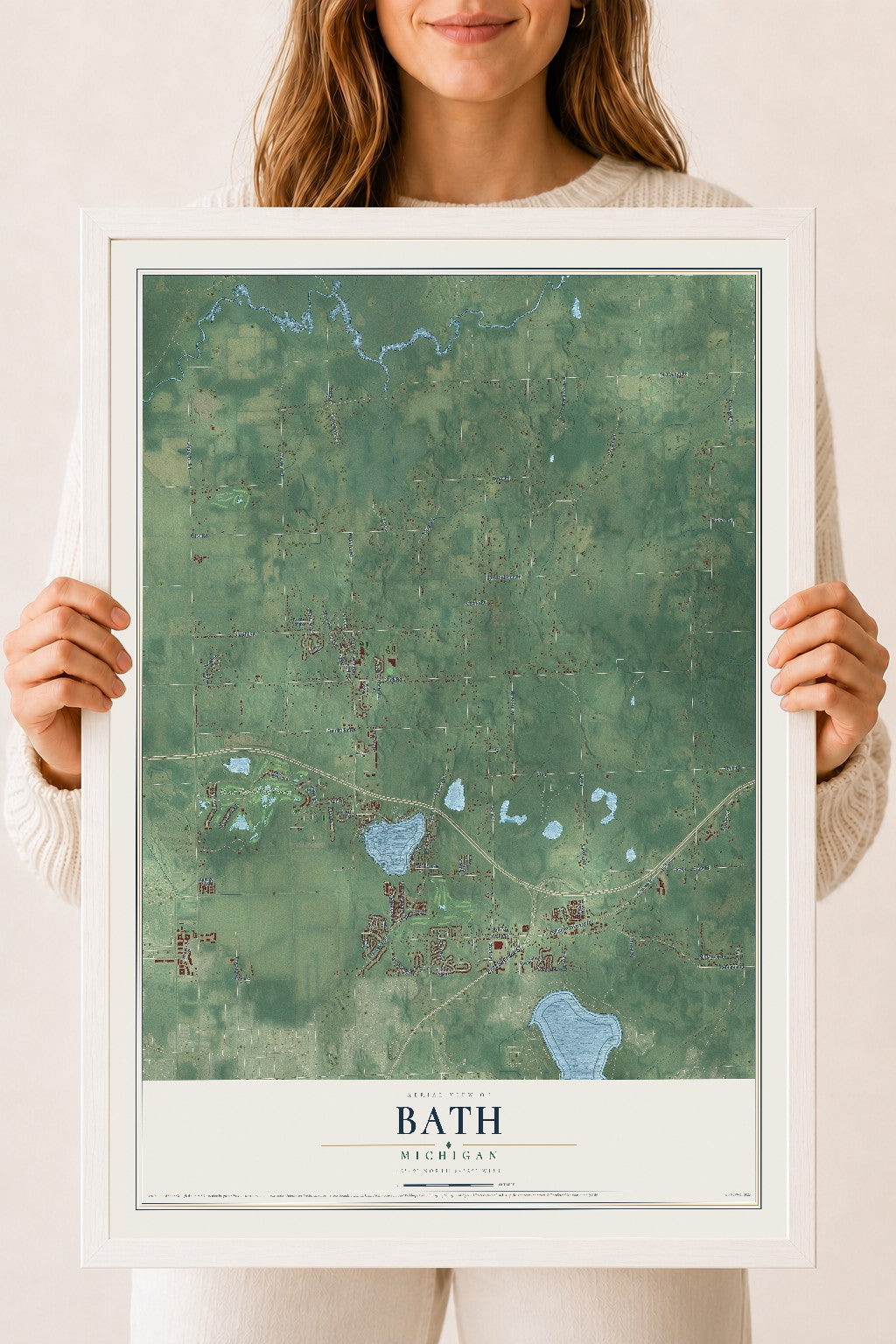 Map of Bath, Michigan, 18 x 24 inch print in a white wood frame