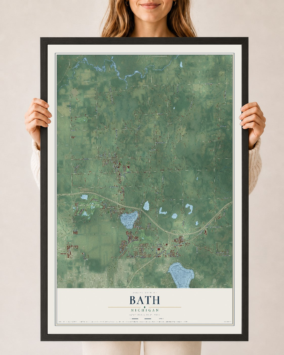 Map of Bath, Michigan, 24 x 36 inch print in a black wood frame