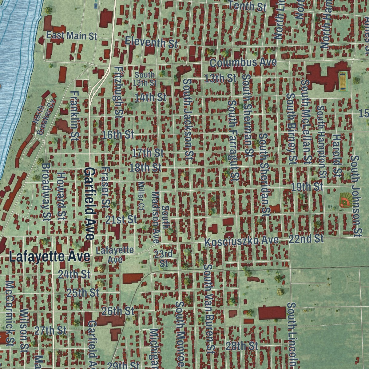 Close-up of the map of Bay City, Michigan print showing street and building detail