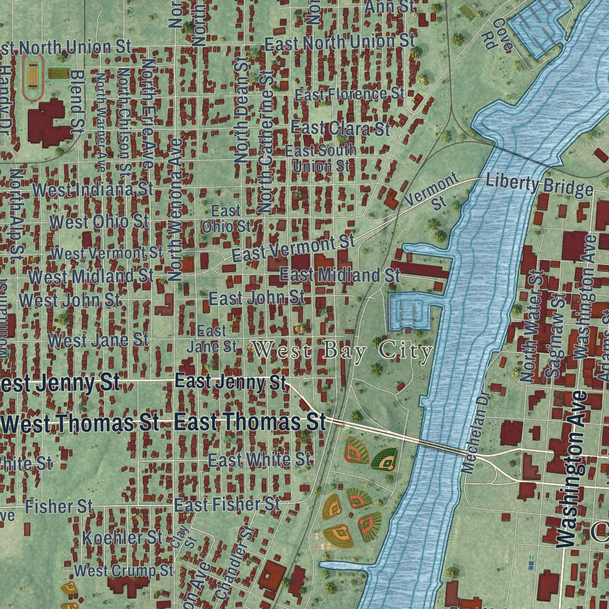 Second close-up of the map of Bay City, Michigan print showing more streets and buildings
