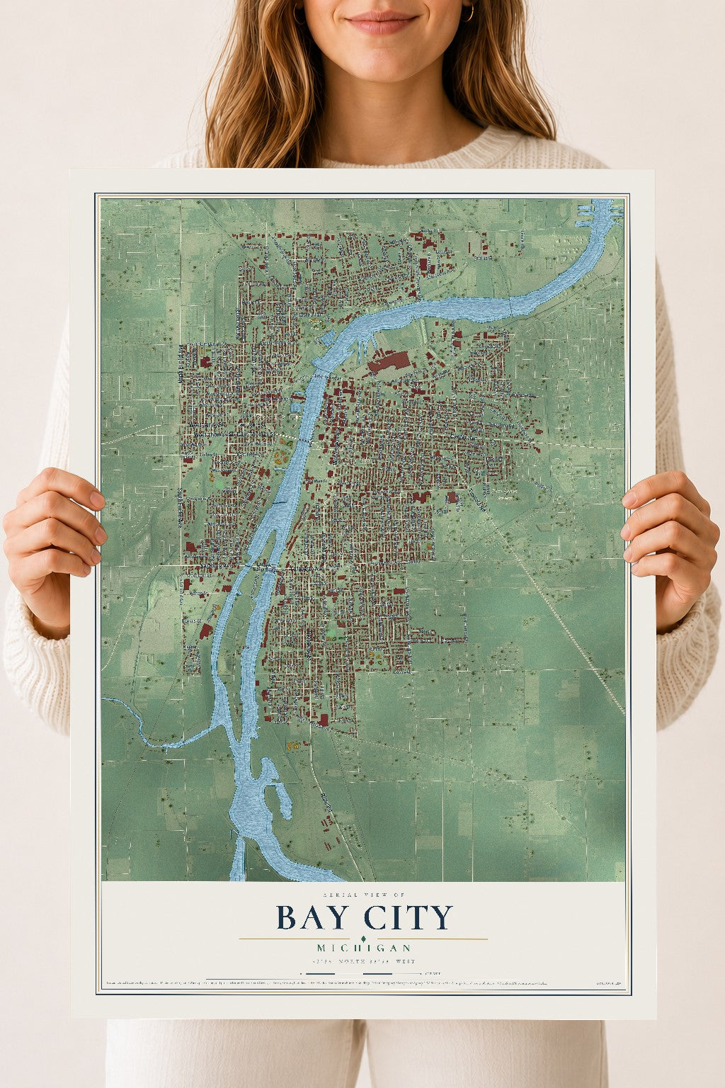 Map of Bay City, Michigan, 18 x 24 inch unframed archival matte print