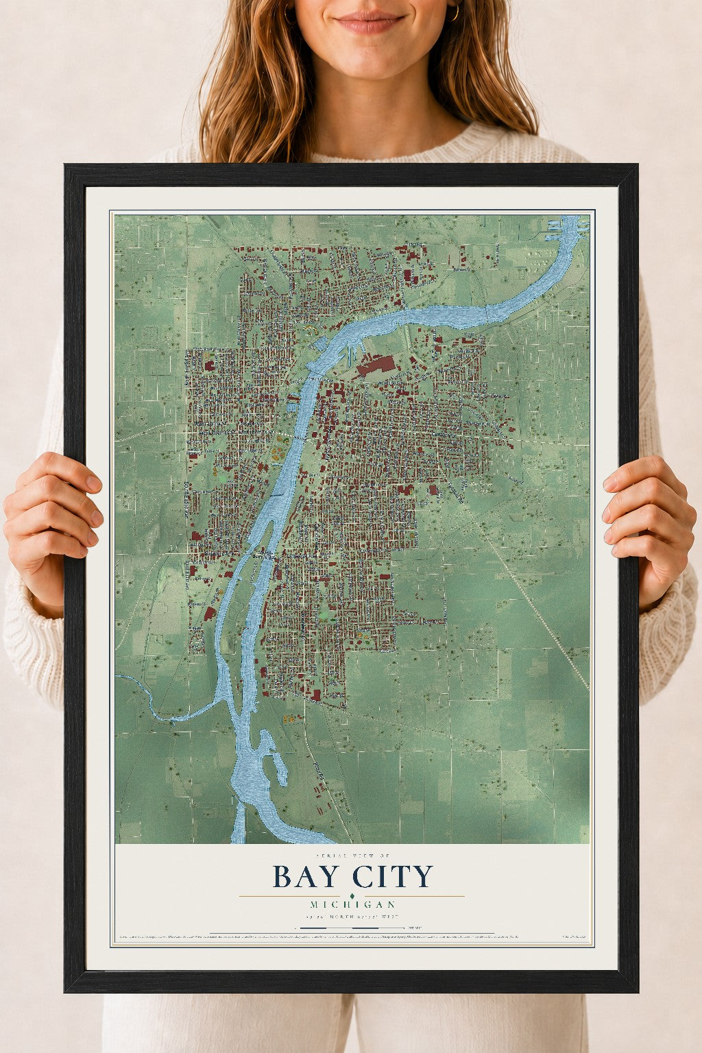 Map of Bay City, Michigan, 18 x 24 inch print in a black wood frame