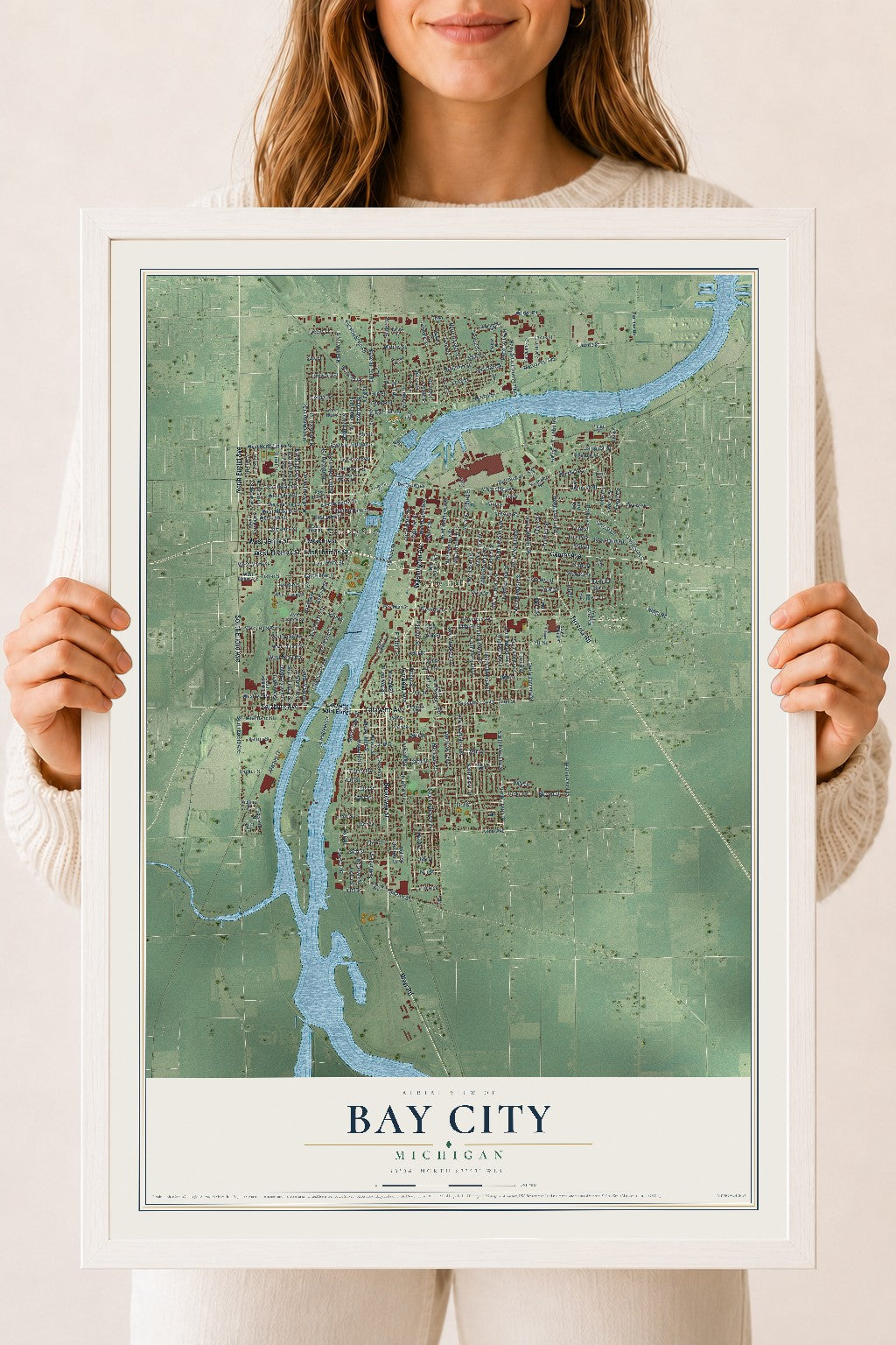 Map of Bay City, Michigan, 18 x 24 inch print in a white wood frame