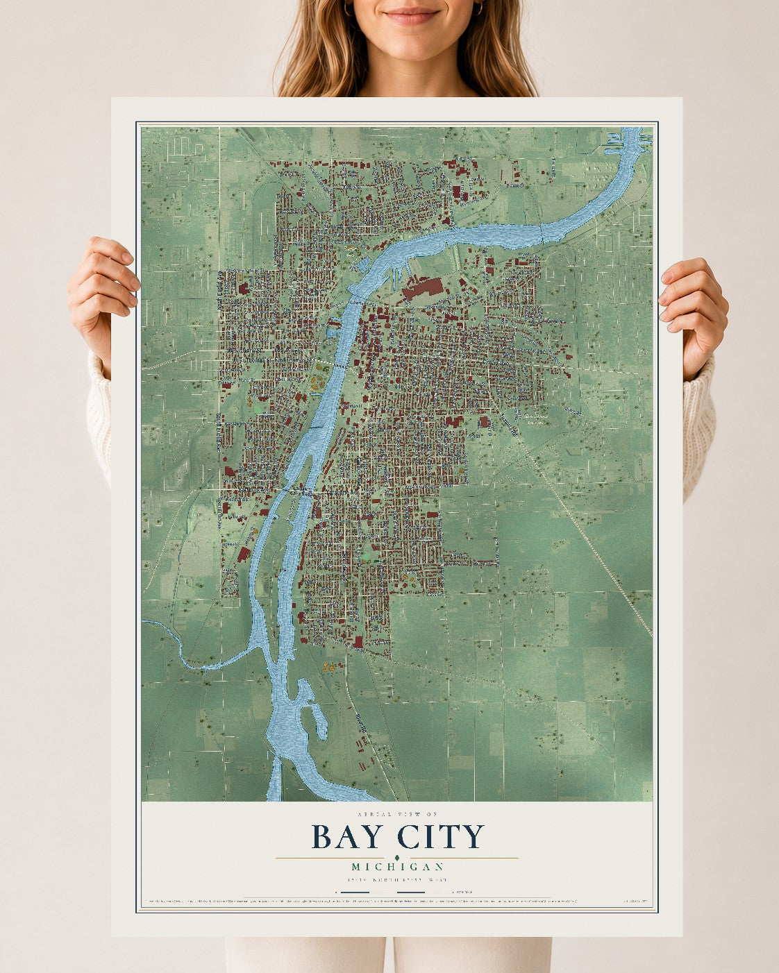 Map of Bay City, Michigan, 24 x 36 inch unframed archival matte print