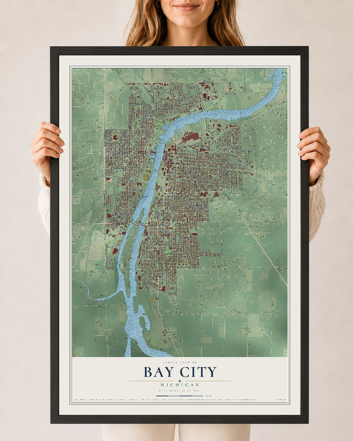 Map of Bay City, Michigan, 24 x 36 inch print in a black wood frame
