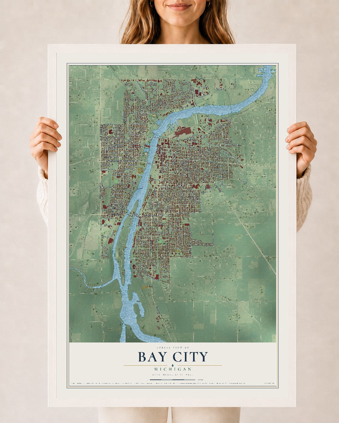 Map of Bay City, Michigan, 24 x 36 inch print in a white wood frame