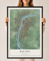 Map of Bay City, Michigan, 24 x 36 inch print in a black wood frame