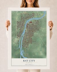 Map of Bay City, Michigan, 24 x 36 inch print in a white wood frame