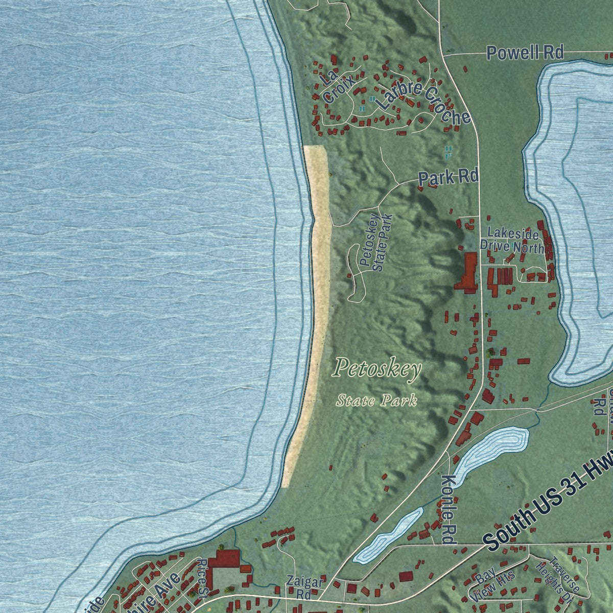 Close-up of the map of Bear Creek, Michigan print showing street and building detail