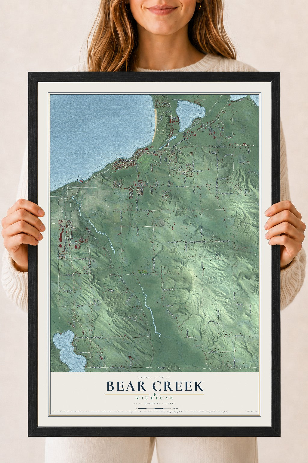 Map of Bear Creek, Michigan, 18 x 24 inch print in a black wood frame