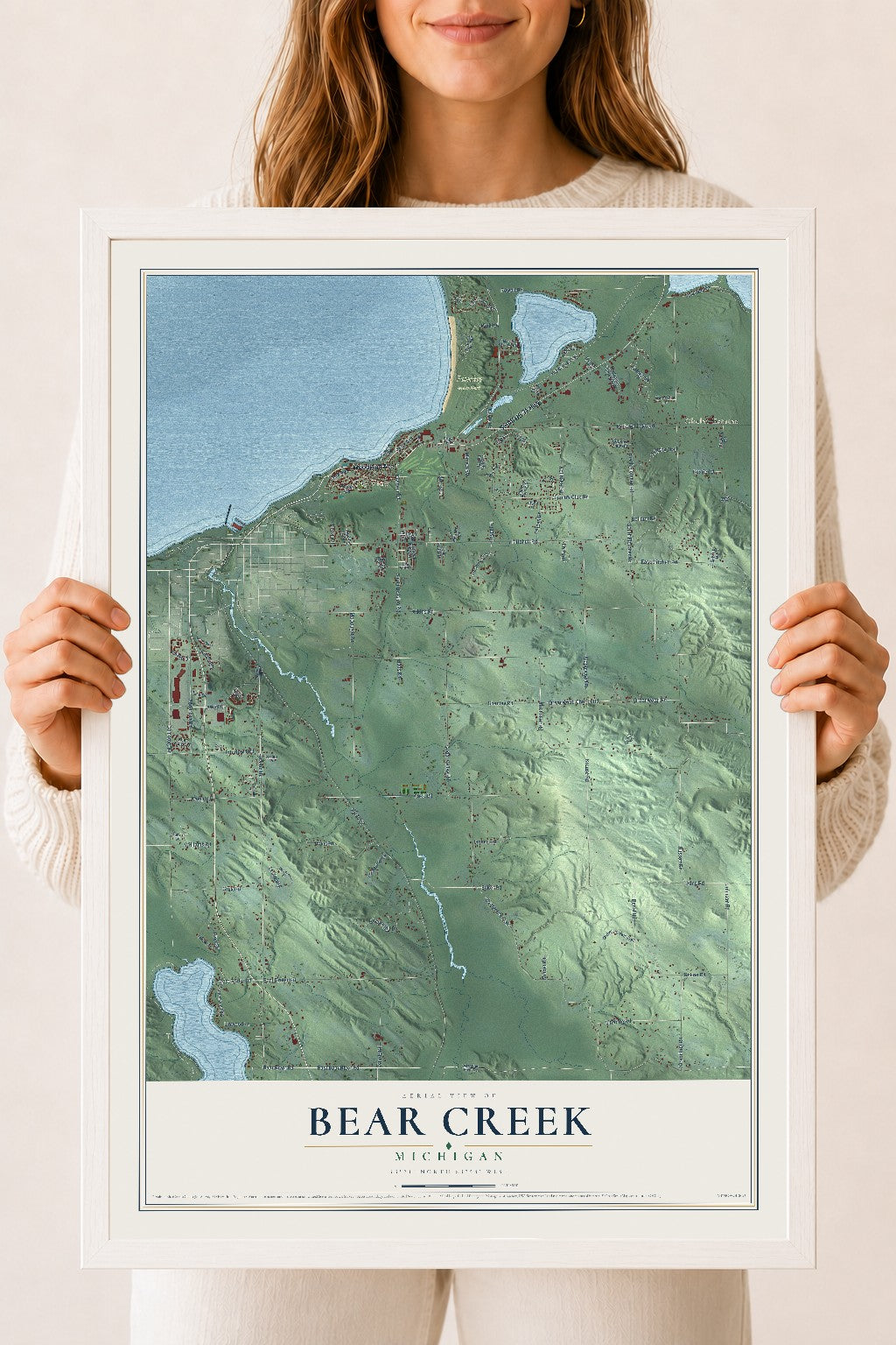 Map of Bear Creek, Michigan, 18 x 24 inch print in a white wood frame