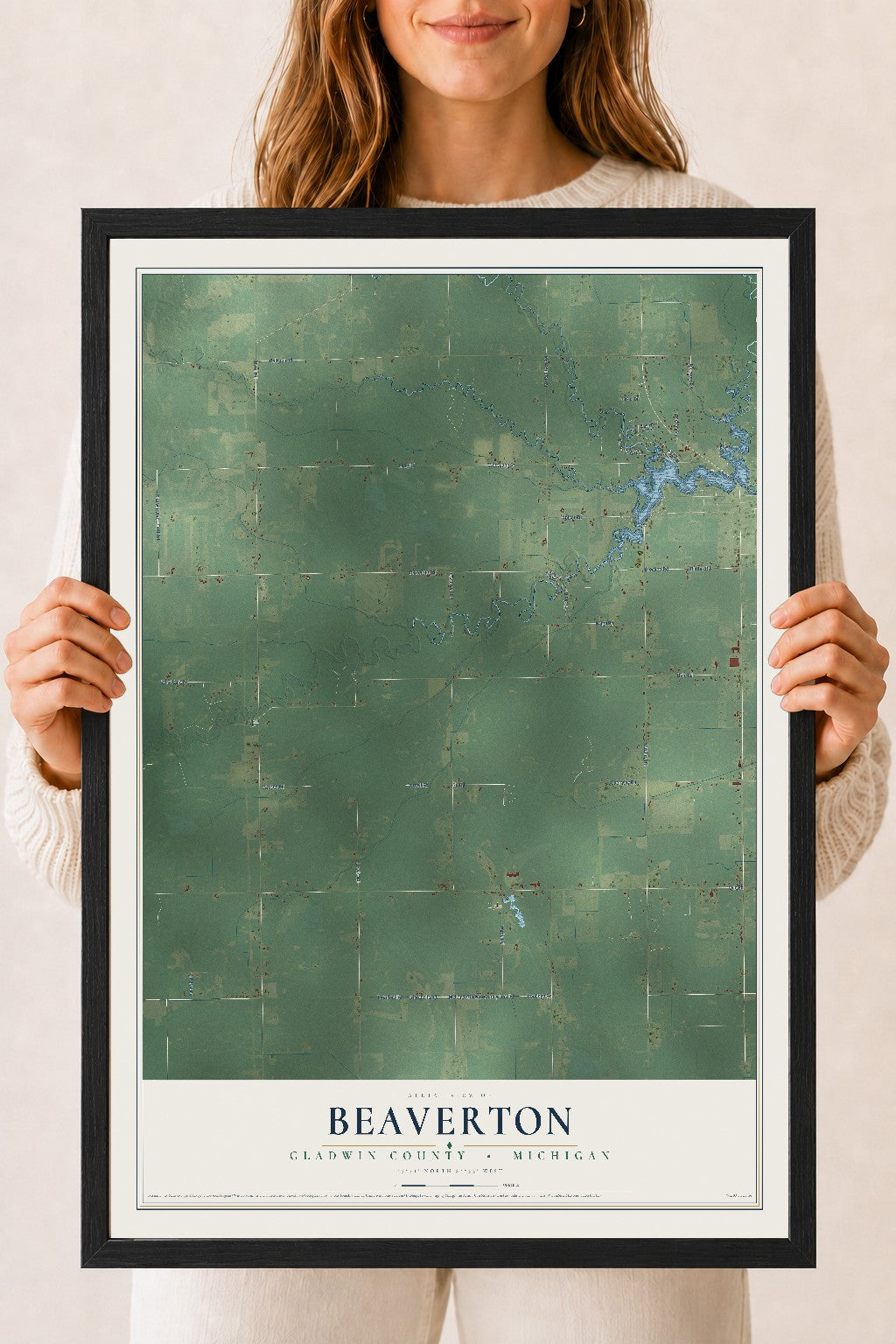 Map of Beaverton, Gladwin County, Michigan, 18 x 24 inch print in a black wood frame