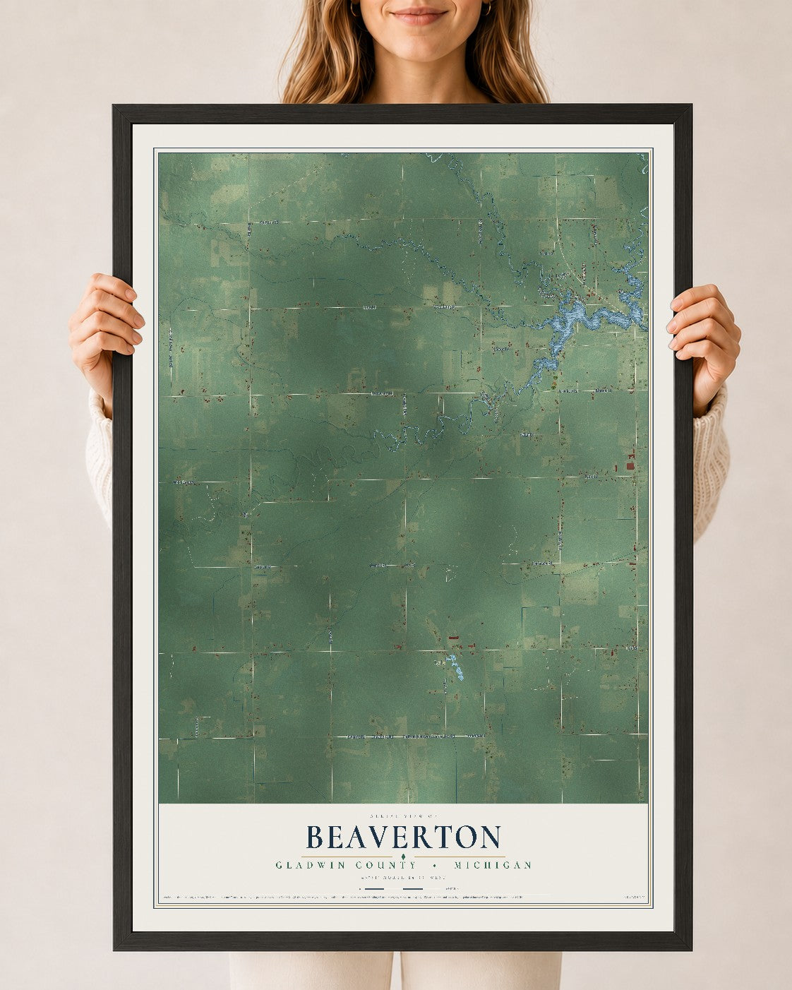 Map of Beaverton, Gladwin County, Michigan, 24 x 36 inch print in a black wood frame
