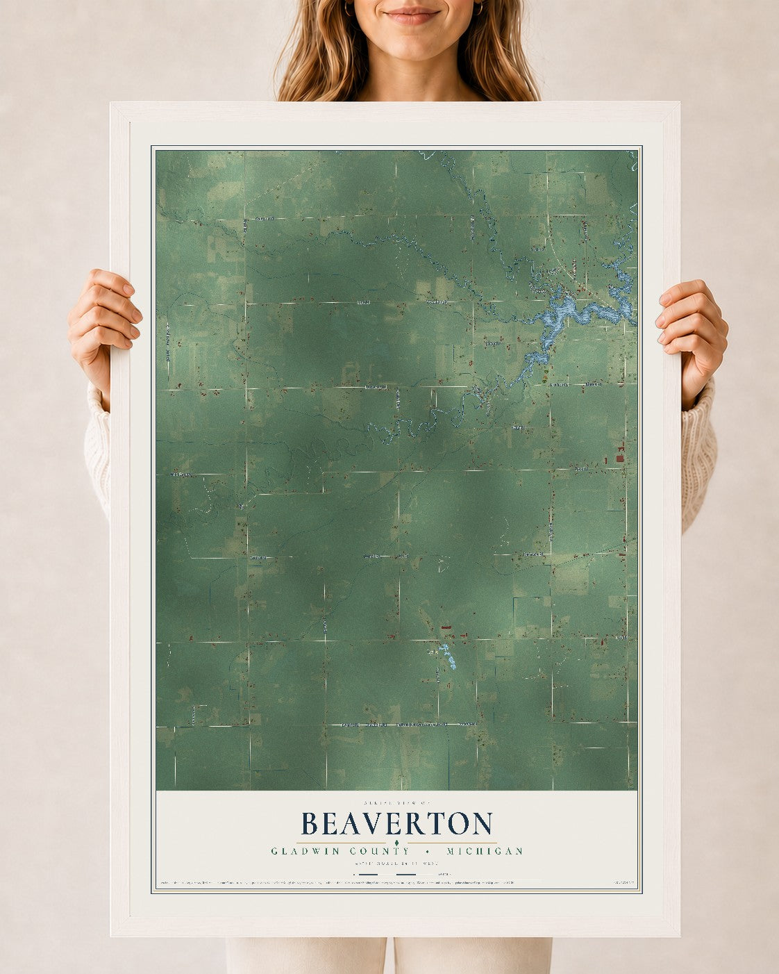 Map of Beaverton, Gladwin County, Michigan, 24 x 36 inch print in a white wood frame