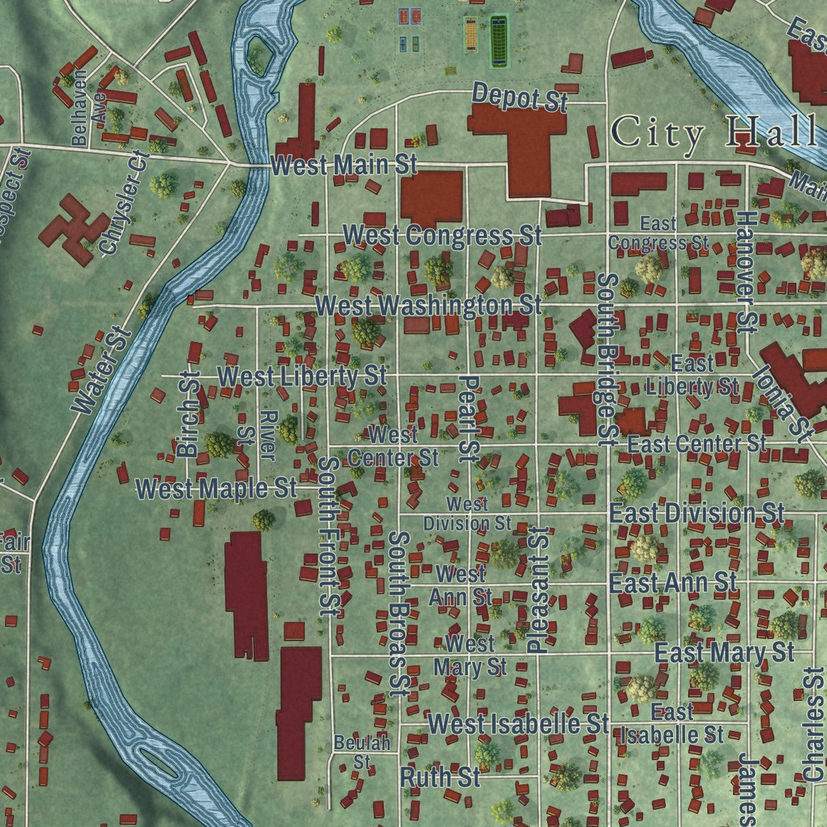 Close-up of the map of Belding, Michigan print showing street and building detail