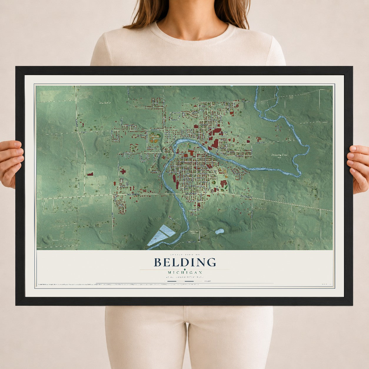 Map of Belding, Michigan, 18 x 24 inch print in a black wood frame