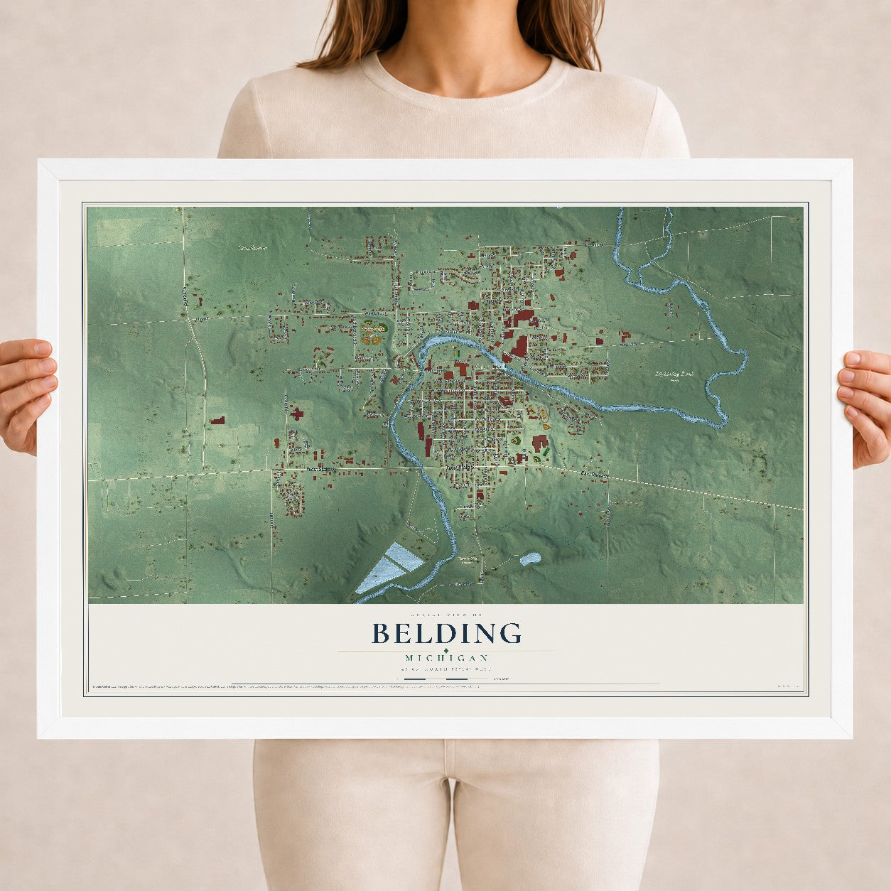 Map of Belding, Michigan, 18 x 24 inch print in a white wood frame
