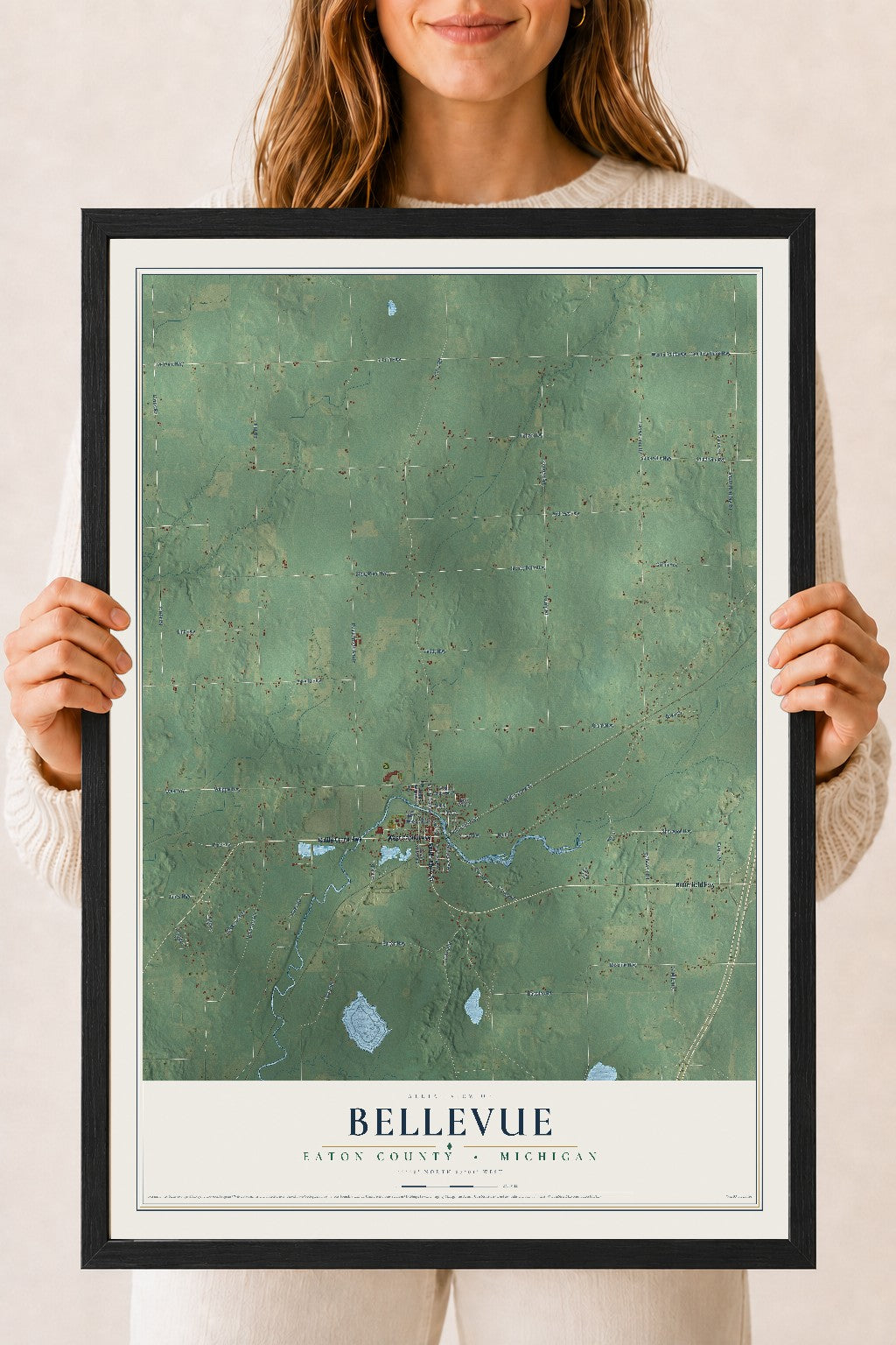 Map of Bellevue, Eaton County, Michigan, 18 x 24 inch print in a black wood frame