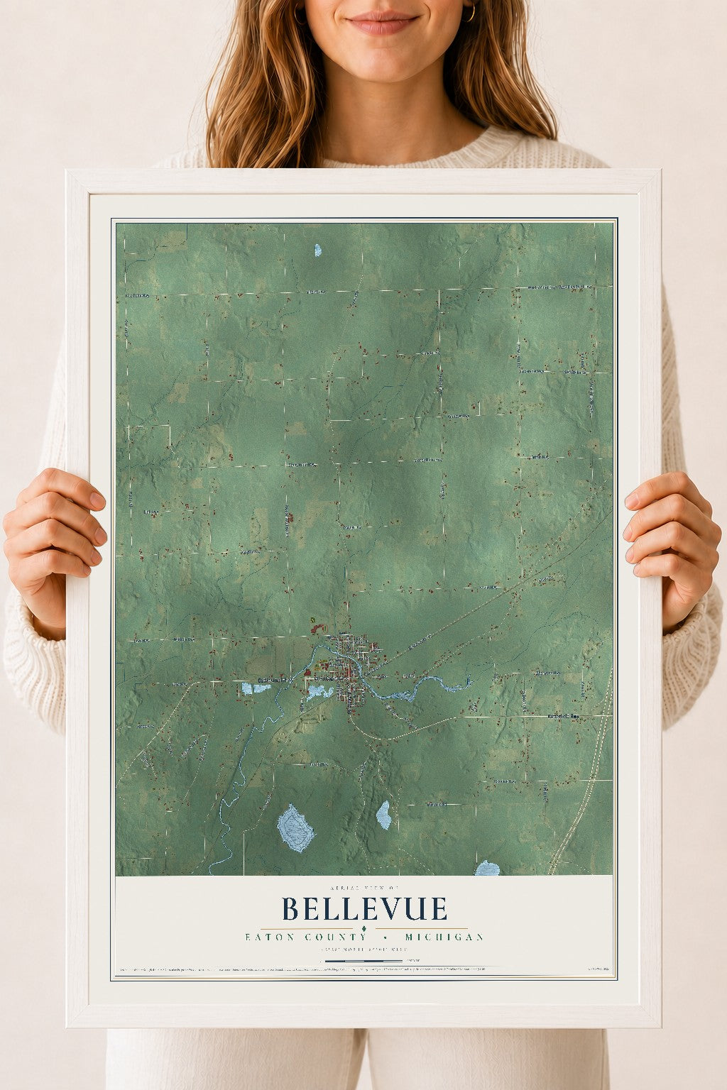 Map of Bellevue, Eaton County, Michigan, 18 x 24 inch print in a white wood frame